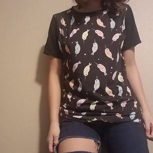 ❣ 4 for $25 ❣ Black Tshirt w/ Pastel Narwhals